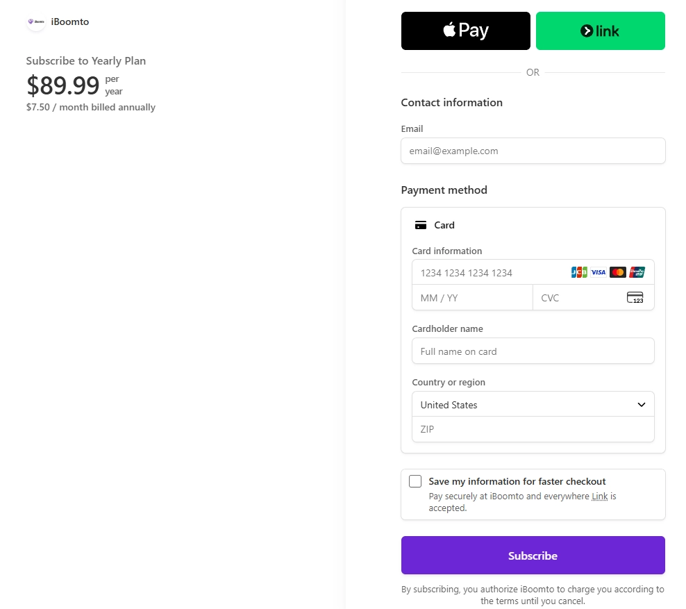 iBoomto AI Stripe subscription checkout